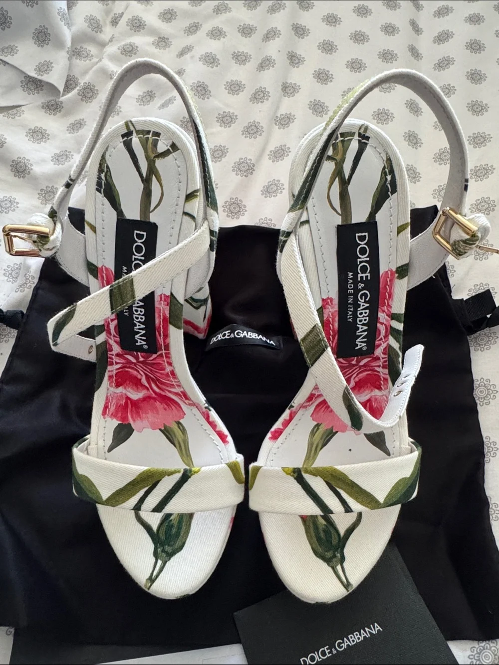 Authentic Dolce & Gabbana White Floral Print Slingback platform Heels 36.5
